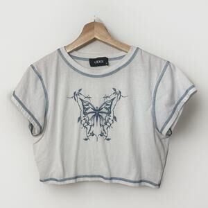 Y2k Cider Butterfly Stitch Baby Crop Whimsy Fairy School Girl Grunge Tee XL